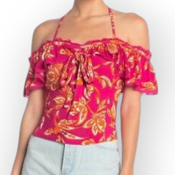 Free People bohemian pink orange floral Cha Cha Cha Cold Shoulder Top Small - Picture 2 of 11